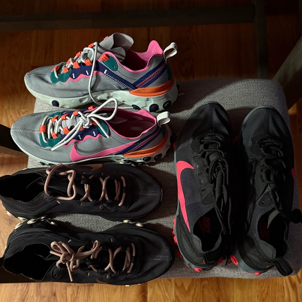 3 pairs nike React running sneakers - hardly worn.